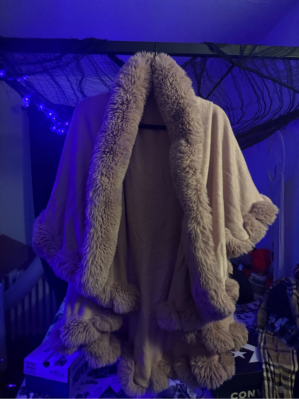 Plush Faux-Fur Trim Cape Jacket - Beige